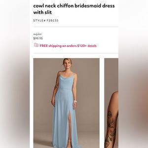 Dusty Blue Cowl neck chiffon bridesmaid dress. Style f20235 from David’s bridal